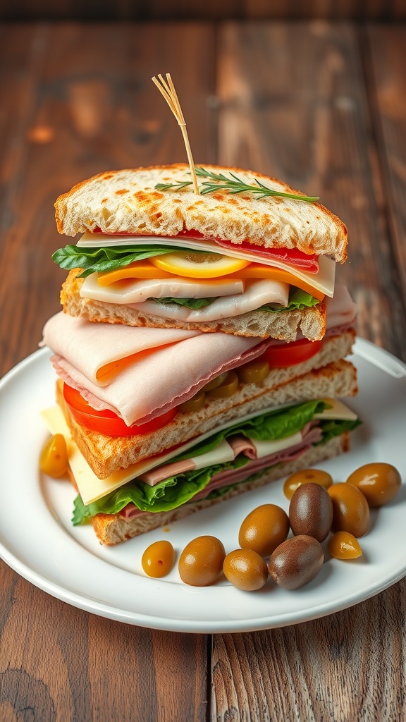 A gourmet sandwich served on a white plate, layered with vegetables and meat, garnished with herbs and olives.